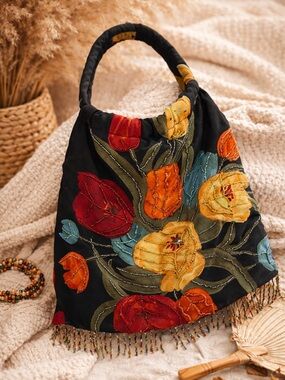 Boho Embroidered Floral Beaded Fringe Hobo Bag Black Multicolor Statement Purse